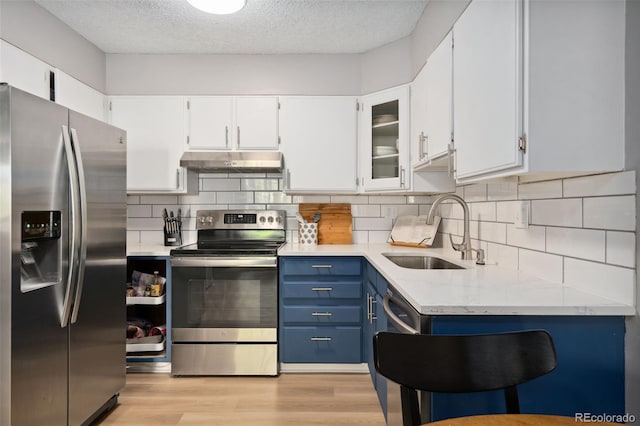 7040 E Girard Ave Unit 207, Denver, CO 80224 - kitchen with stainless steel appliances, a sink, under cabinet range hood, blue cabinets, and light wood-type flooring