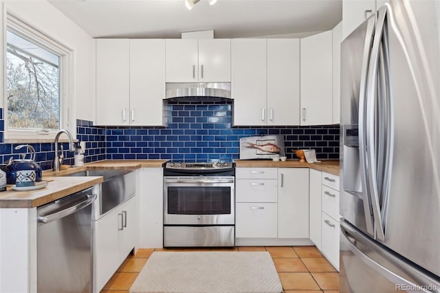 kitchen featuring wall chimney range hood, appliances with stainless steel finishes, wooden counters, and decorative backsplash