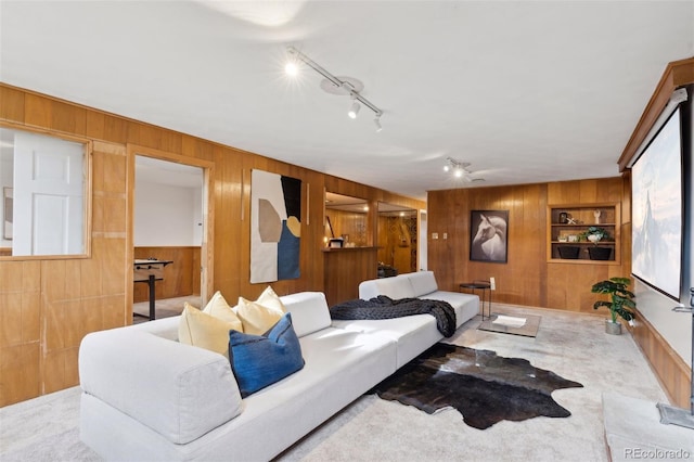 living room with wooden walls, built in shelves, and rail lighting