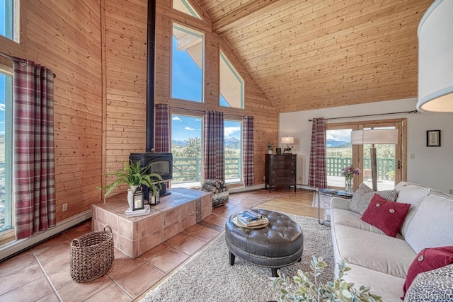 895 Acorn Rd, Cotopaxi, CO 81223 - living room with high vaulted ceiling, a wood stove, plenty of natural light, tile patterned floors, and a wooden ceiling with exposed beams