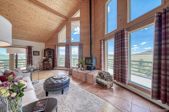 895 Acorn Rd, Cotopaxi, CO 81223 - living room featuring a wood stove, high vaulted ceiling, tile patterned floors, and a wooden ceiling with exposed beams