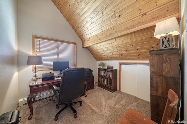 895 Acorn Rd, Cotopaxi, CO 81223 - office featuring vaulted ceiling, carpet flooring, baseboard heating, and wood ceiling