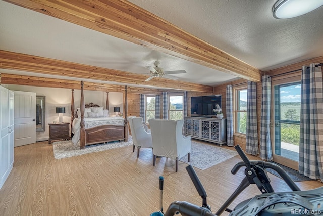 895 Acorn Rd, Cotopaxi, CO 81223 - bedroom with light wood-style floors, multiple windows, beamed ceiling, and a textured ceiling
