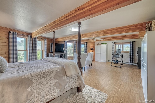 895 Acorn Rd, Cotopaxi, CO 81223 - bedroom with light wood finished floors, beam ceiling, a textured ceiling, and wood walls