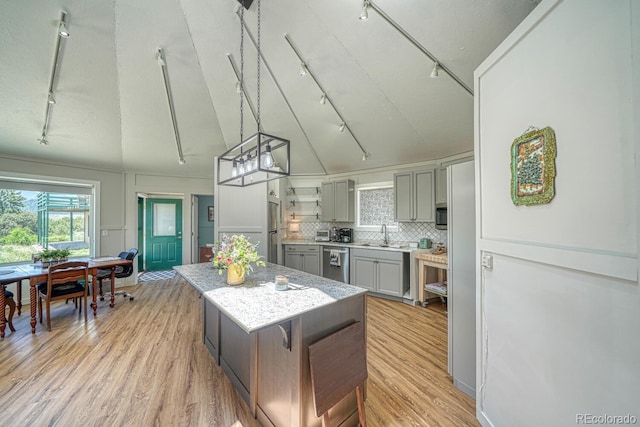 895 Acorn Rd, Cotopaxi, CO 81223 - kitchen featuring rail lighting, gray cabinetry, a center island, and light wood-type flooring