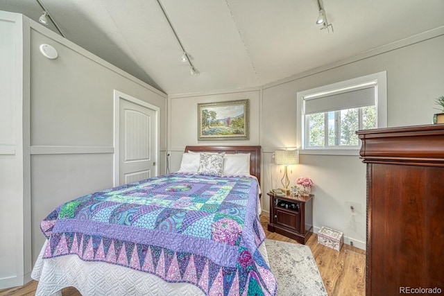 895 Acorn Rd, Cotopaxi, CO 81223 - bedroom featuring rail lighting, vaulted ceiling, and wood finished floors