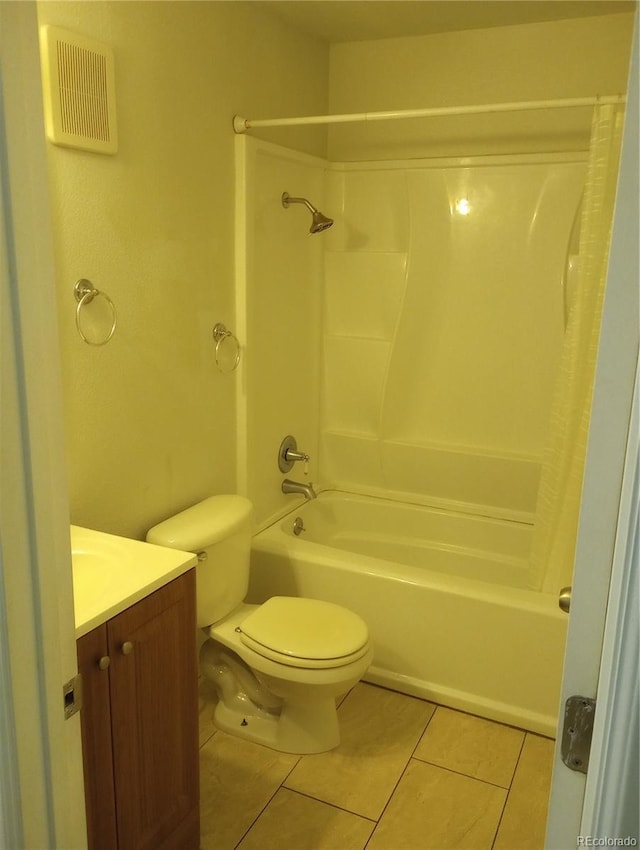 full bathroom featuring tile patterned floors, toilet, shower / bathtub combination with curtain, and vanity