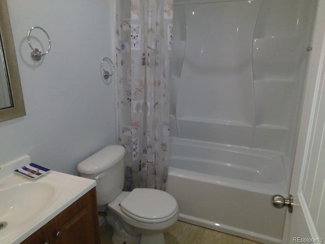 full bathroom with toilet, vanity, shower / bathtub combination with curtain, and tile patterned flooring