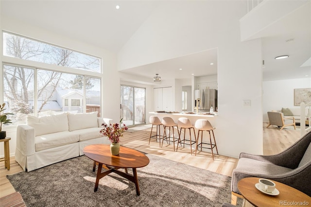 living room with high vaulted ceiling and light wood-type flooring