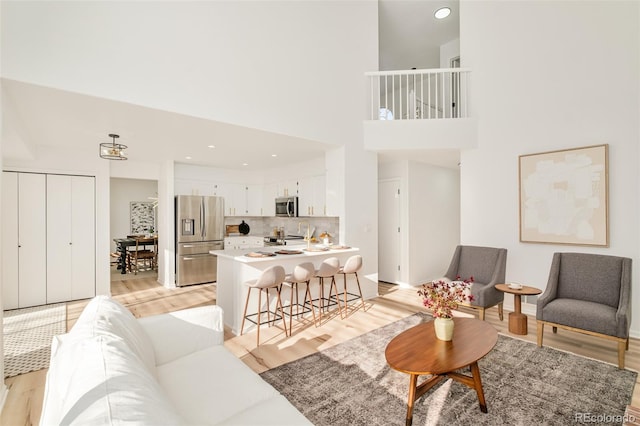 living room featuring light hardwood / wood-style floors and a towering ceiling