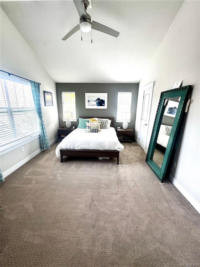 2831 Shadow Lake Rd, Lafayette, CO 80026 - bedroom with carpet flooring, vaulted ceiling, a ceiling fan, a textured ceiling, and baseboards