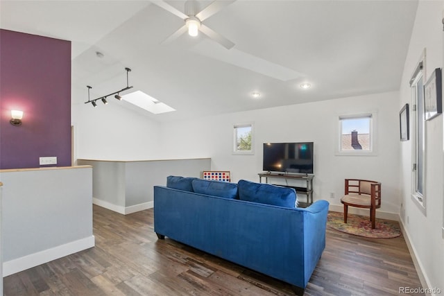 living room featuring wood finished floors, baseboards, a ceiling fan, and recessed lighting
