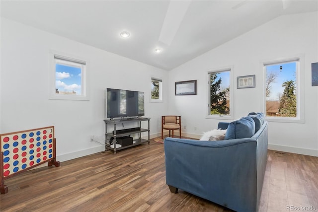 living room featuring a wealth of natural light, wood finished floors, and lofted ceiling