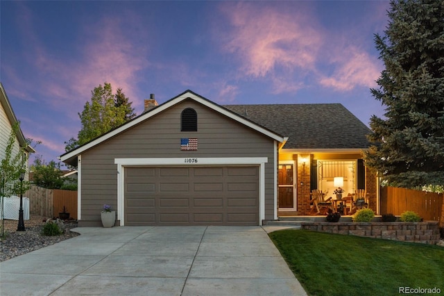 ranch-style house featuring driveway, a garage, a chimney, and roof with shingles