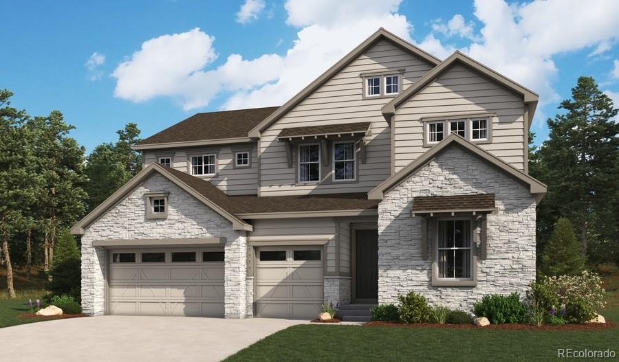 2650 Bitterroot Pl, Highlands Ranch, CO 80129 - view of front facade featuring stone siding, concrete driveway, a garage, and roof with shingles