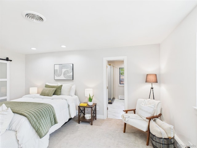 3957 S Peach Way, Denver, CO 80237 - bedroom featuring a barn door, recessed lighting, and light carpet