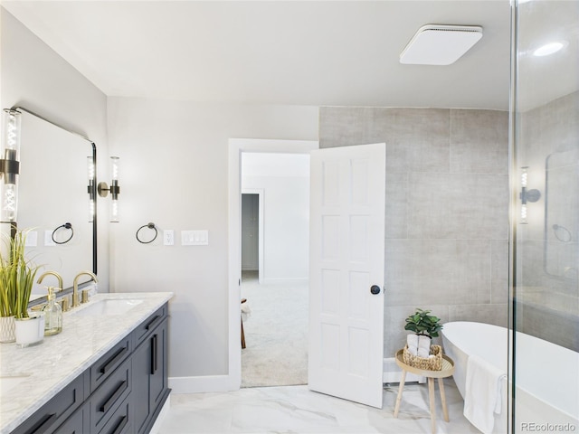 3957 S Peach Way, Denver, CO 80237 - bathroom featuring double vanity, a soaking tub, marble look tile flooring, and a shower