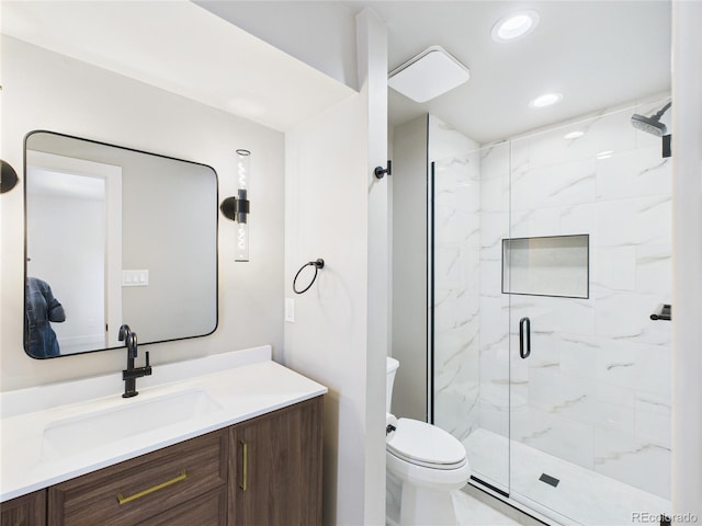 3957 S Peach Way, Denver, CO 80237 - full bathroom with a marble finish shower, vanity, and recessed lighting