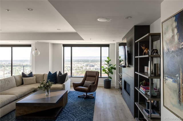 living room featuring expansive windows and hardwood / wood-style flooring