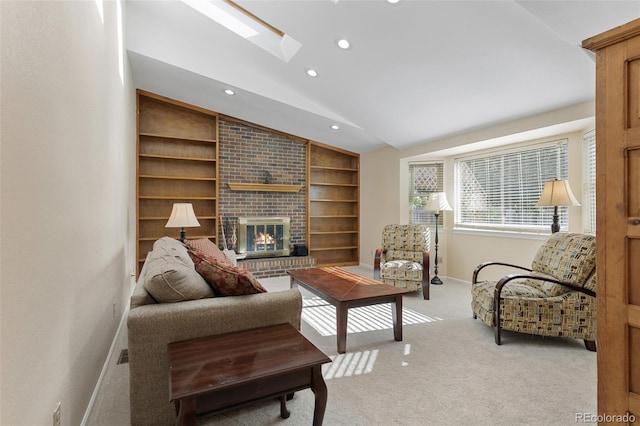 874 Mercury Cir, Lone Tree, CO 80124 - living room featuring vaulted ceiling, built in features, recessed lighting, light carpet, and a fireplace