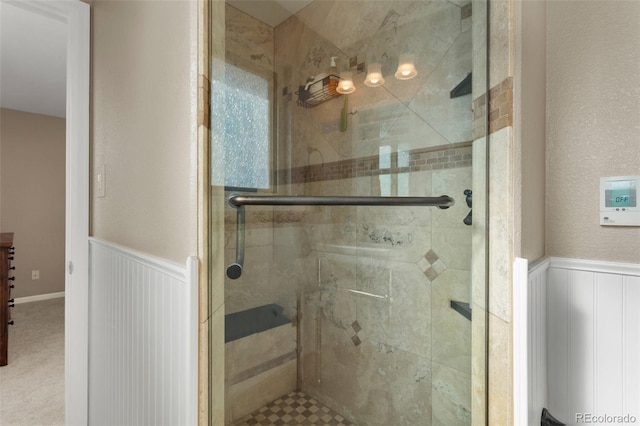 874 Mercury Cir, Lone Tree, CO 80124 - full bathroom featuring a wainscoted wall, a stall shower, and a decorative wall