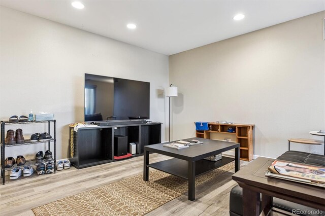 living room featuring wood finished floors and recessed lighting