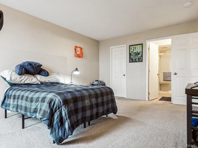 bedroom featuring carpet and connected bathroom