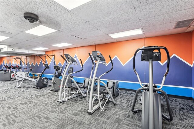 exercise room featuring a paneled ceiling and carpet flooring