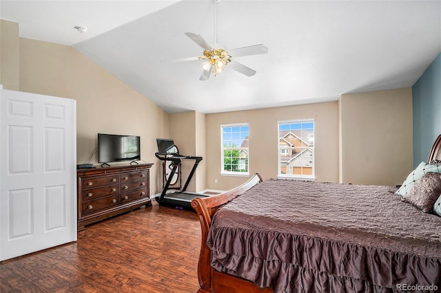 5774 S Genoa Ct, Aurora, CO 80015 - bedroom with wood finished floors, vaulted ceiling, and a ceiling fan