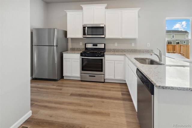 kitchen featuring white cabinets, stainless steel appliances, sink, and light wood-type flooring