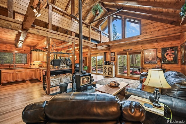 1673 Sinton Rd, Evergreen, CO 80439 - living room featuring wood ceiling with exposed beams, a wood stove, wood walls, high vaulted ceiling, and light wood-style floors