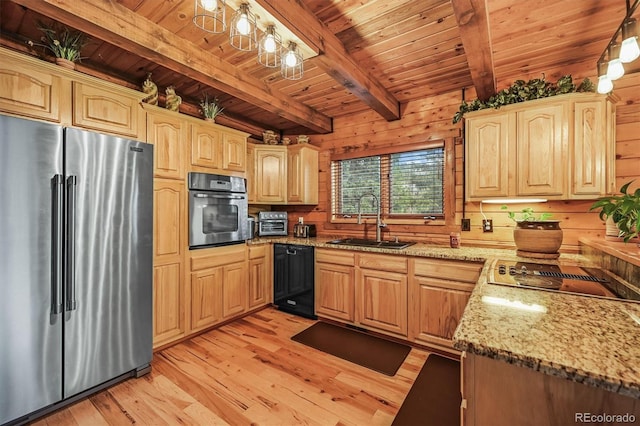 1673 Sinton Rd, Evergreen, CO 80439 - kitchen featuring black appliances, light wood-style floors, a sink, wood ceiling with exposed beams, and light stone counters