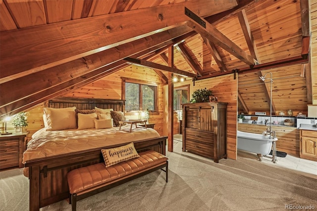 1673 Sinton Rd, Evergreen, CO 80439 - bedroom with wooden walls, wooden ceiling, and light colored carpet