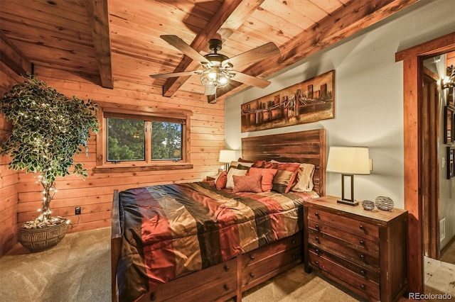 1673 Sinton Rd, Evergreen, CO 80439 - bedroom featuring wooden ceiling with exposed beams, wood walls, and carpet floors
