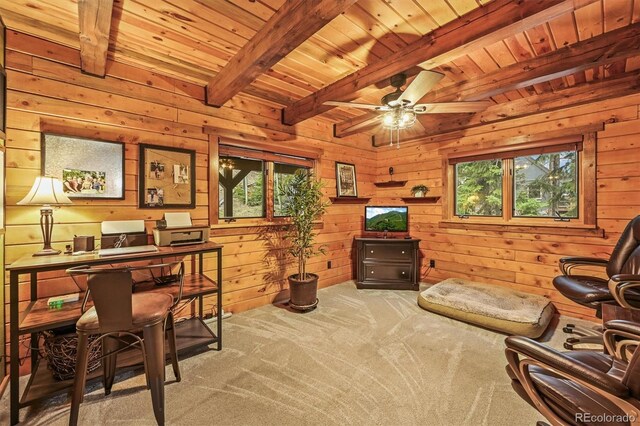 1673 Sinton Rd, Evergreen, CO 80439 - sitting room with plenty of natural light, carpet floors, wooden walls, wood ceiling with exposed beams, and a desk