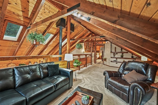 1673 Sinton Rd, Evergreen, CO 80439 - carpeted living room featuring wood ceiling, wood walls, and a skylight