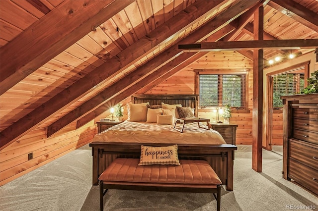 1673 Sinton Rd, Evergreen, CO 80439 - bedroom featuring carpet flooring, wood walls, and wooden ceiling