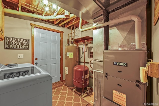 1673 Sinton Rd, Evergreen, CO 80439 - laundry room with washer / dryer, electric water heater, and heating unit