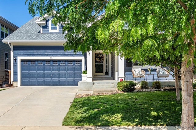 1038 Mircos St, Erie, CO 80516 - obstructed view of property featuring concrete driveway, a garage, a shingled roof, and a front lawn