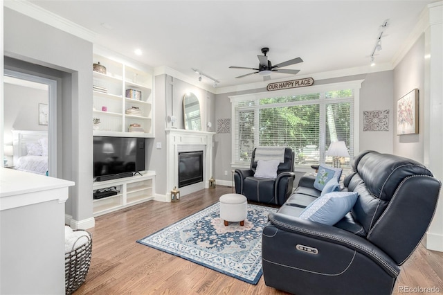 1038 Mircos St, Erie, CO 80516 - living room featuring track lighting, ornamental molding, a ceiling fan, a glass covered fireplace, and light wood finished floors