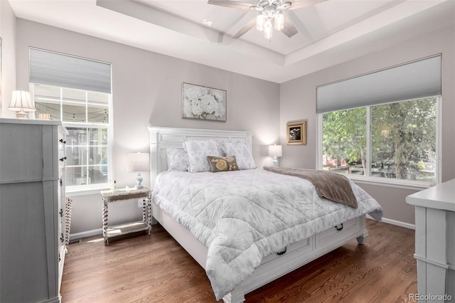 1038 Mircos St, Erie, CO 80516 - bedroom with a raised ceiling, wood finished floors, and a ceiling fan