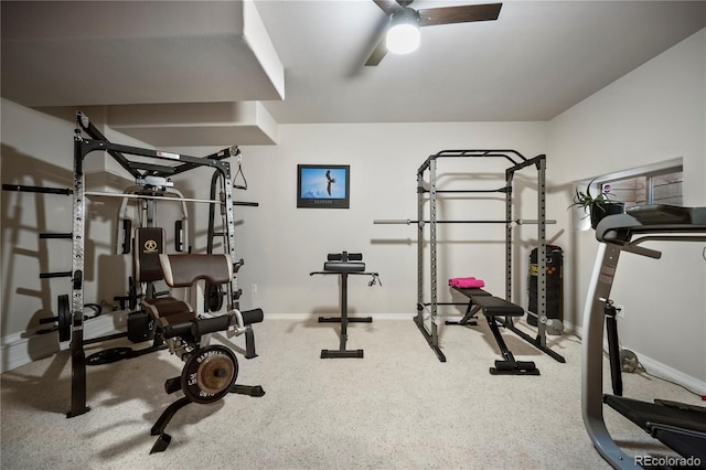 workout area with ceiling fan