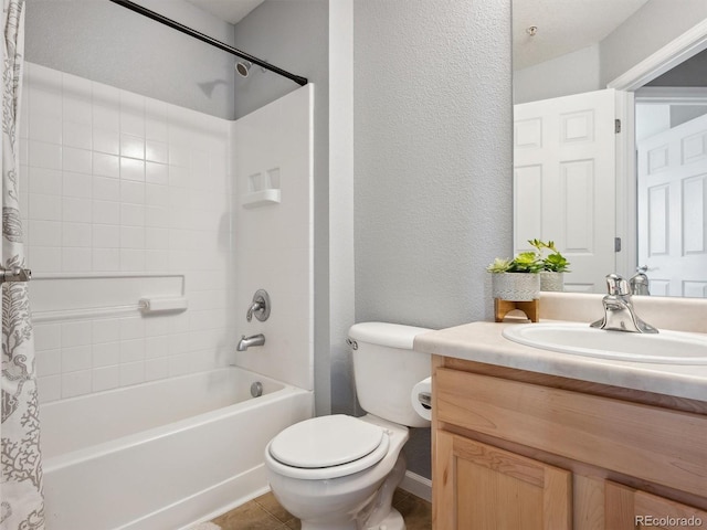 full bathroom featuring tile patterned flooring, vanity, shower / bath combination with curtain, and toilet