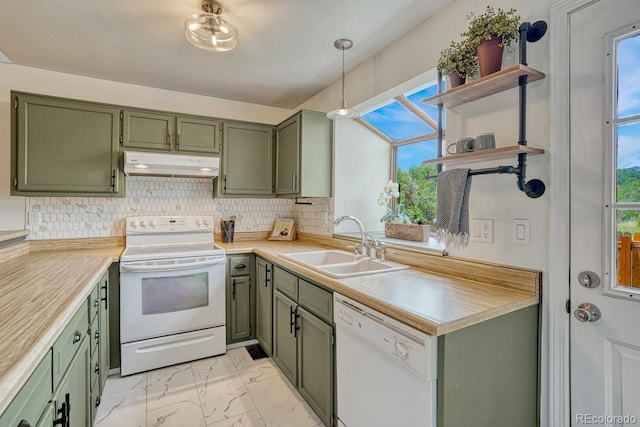458 Rolling Hills Dr, Colorado Springs, CO 80919 - kitchen featuring green cabinetry, white appliances, open shelves, and under cabinet range hood