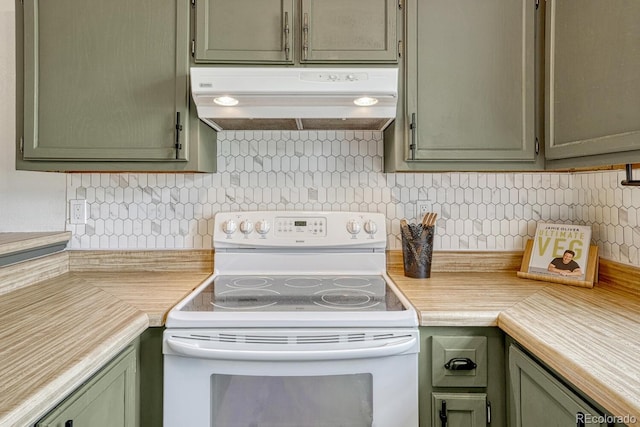 458 Rolling Hills Dr, Colorado Springs, CO 80919 - kitchen featuring white electric range oven, under cabinet range hood, green cabinetry, and light countertops