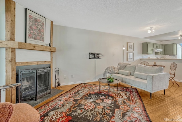 458 Rolling Hills Dr, Colorado Springs, CO 80919 - living area with light wood-style floors, a fireplace with flush hearth, and a textured ceiling