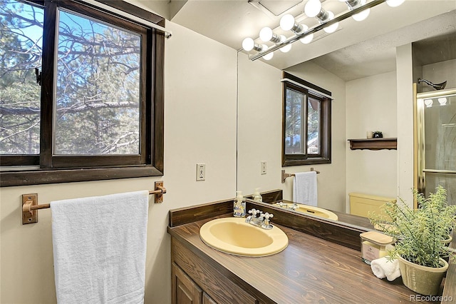 bathroom featuring a shower with door and vanity