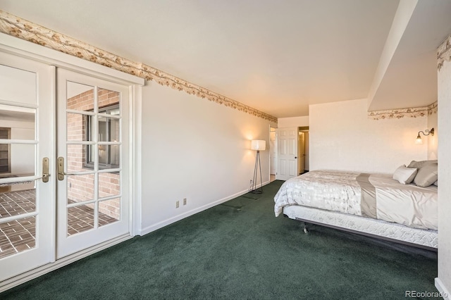 unfurnished bedroom with french doors, baseboards, and dark carpet