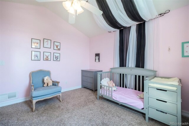 10525 Mt Sherman Way, Peyton, CO 80831 - carpeted bedroom with lofted ceiling, baseboards, and a ceiling fan