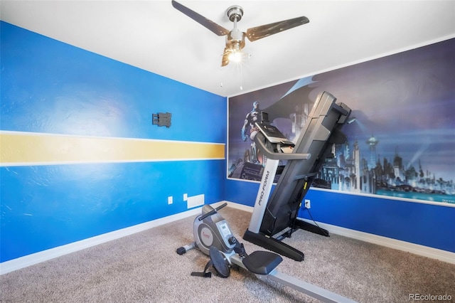 10525 Mt Sherman Way, Peyton, CO 80831 - exercise area featuring ceiling fan, carpet flooring, and baseboards